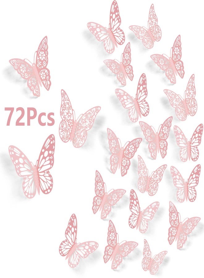 SAOROPEB 3D Butterfly Wall Decor, 72Pcs 3 Sizes 3 Styles, Pink Butterfly Decorations Removable Butterfly Stickers for Room Decor Party Balloon Addition Cake Decoration Flower Arrangements, Pink - Image 1