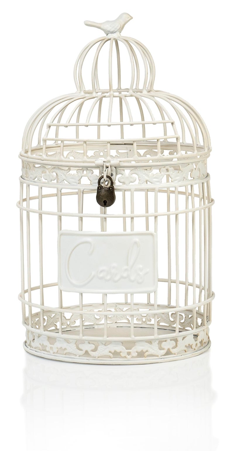 Red Co. 9.5â€ Dia Round Decorative Rustic Lockable Metal Birdcage Wedding Card Holder, White - Image 1
