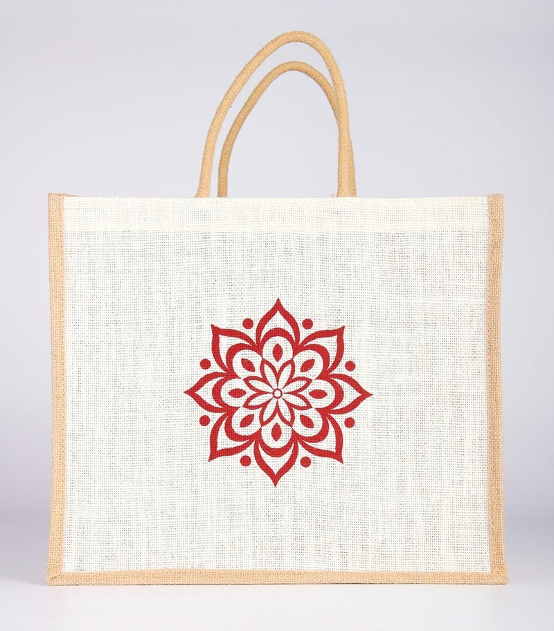 SOMAN Jute Ecofriendly Large(14x6x12inches) Return Gift Bags Rangoli Printed White Natural Pack of 10 Bags - Image 4