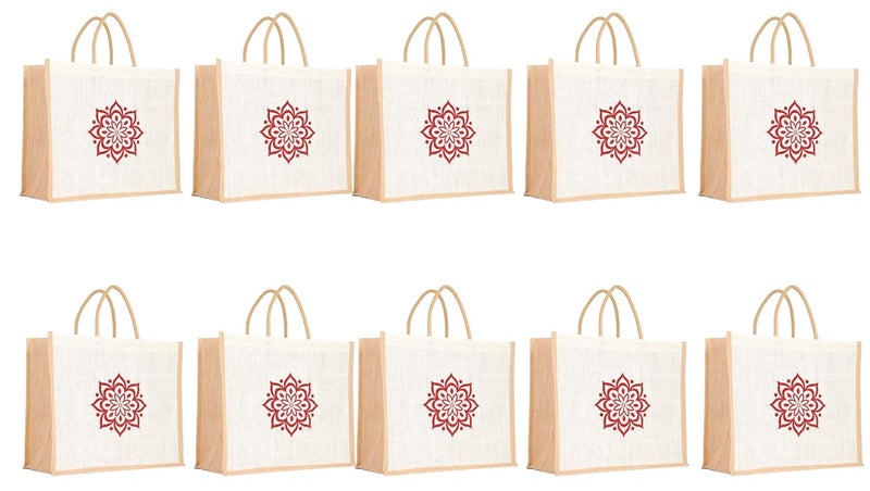 SOMAN Jute Ecofriendly Large(14x6x12inches) Return Gift Bags Rangoli Printed White Natural Pack of 10 Bags - Image 1