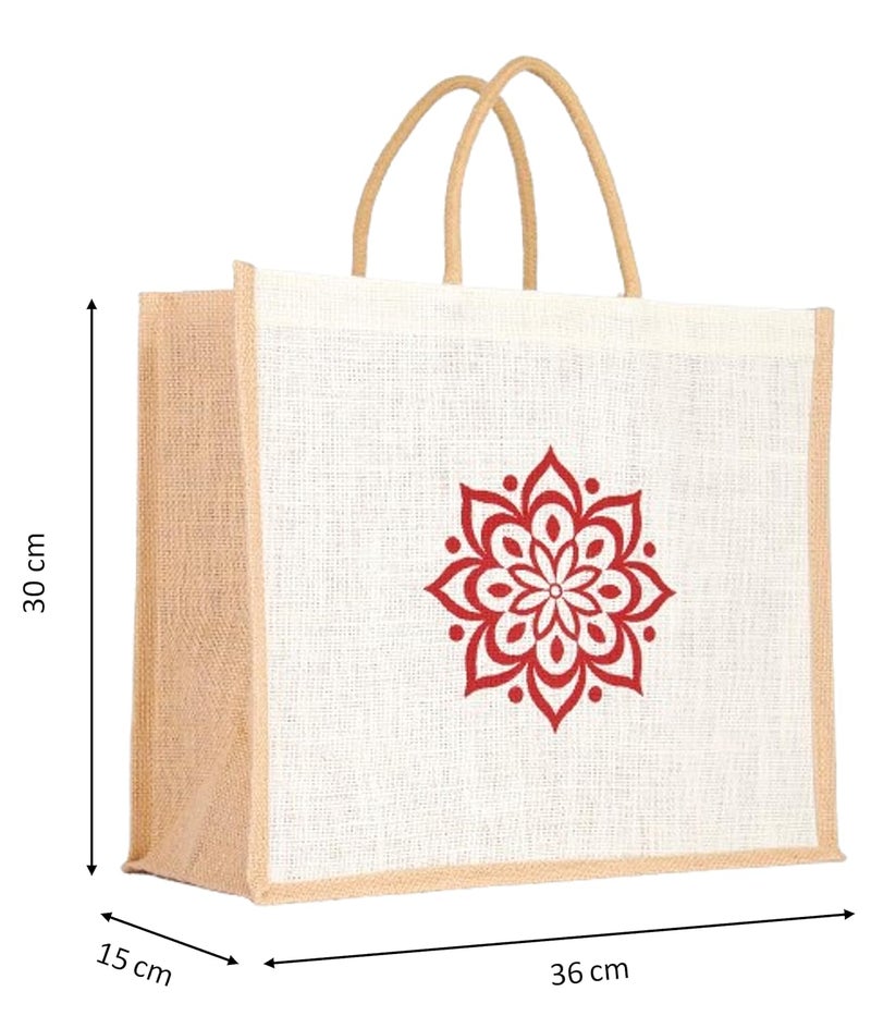 SOMAN Jute Ecofriendly Large(14x6x12inches) Return Gift Bags Rangoli Printed White Natural Pack of 10 Bags - Image 2