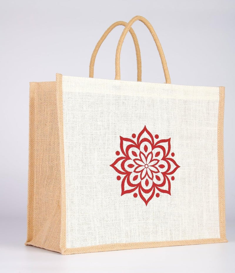 SOMAN Jute Ecofriendly Large(14x6x12inches) Return Gift Bags Rangoli Printed White Natural Pack of 10 Bags - Image 3