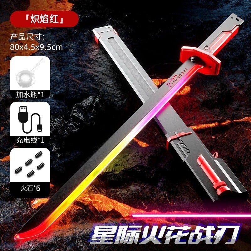 AL Flint Sword Dual-Blade Toy with Colorful Lights, Sound Effects, and Spray Action for Kids - 81CM Long Blazing Red (Standard 5 Flint) - Image 1