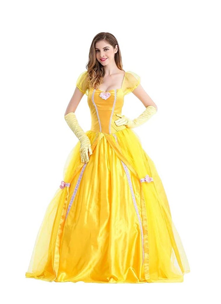 Women Princess Costume Yellow Dress Up Outfit Cosplay Deluxe Storybook Fairy Tale Birthday Party Prom Gowns