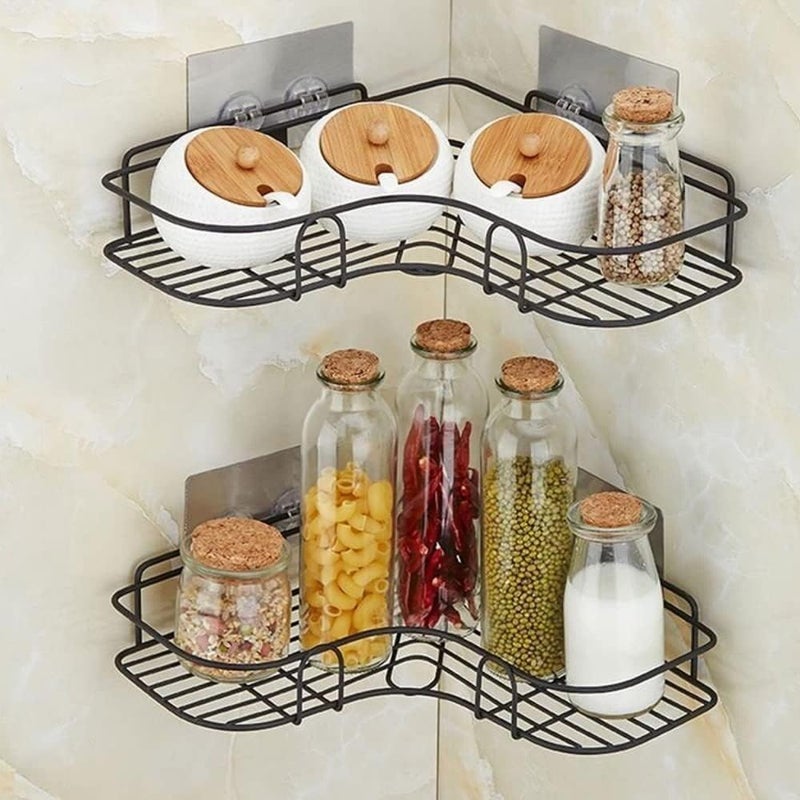 sulfar 2Pcs Corner Shower Shelves,Self Adhesive No Drilling Wall Mounted Shower Storage Shelf Organizer For Your Bathroom, Kitchen And Toilet,Iron Art,Black - Image 2