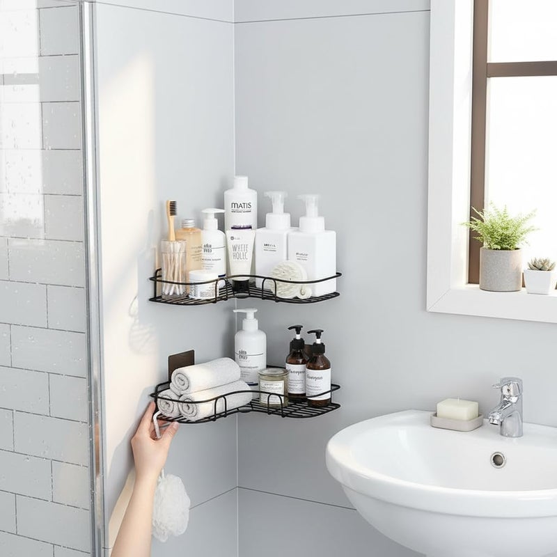 sulfar 2Pcs Corner Shower Shelves,Self Adhesive No Drilling Wall Mounted Shower Storage Shelf Organizer For Your Bathroom, Kitchen And Toilet,Iron Art,Black - Image 5