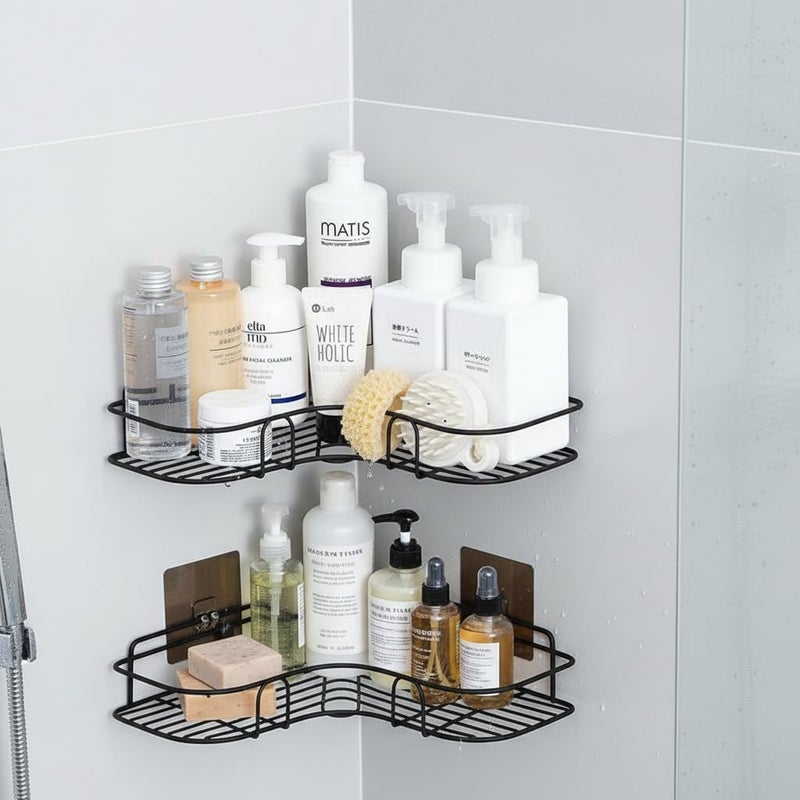 sulfar 2Pcs Corner Shower Shelves,Self Adhesive No Drilling Wall Mounted Shower Storage Shelf Organizer For Your Bathroom, Kitchen And Toilet,Iron Art,Black - Image 4