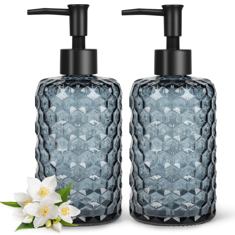 Topsky 2 Pack Glass Soap Dispenser with Plastic Pump 475ml Liquid Hand Soap Dispenser Rustproof Pump for Kitchen Bathroom Great for Lotions Essential Oil Liquid SoapsGrayish Blue - Image 2