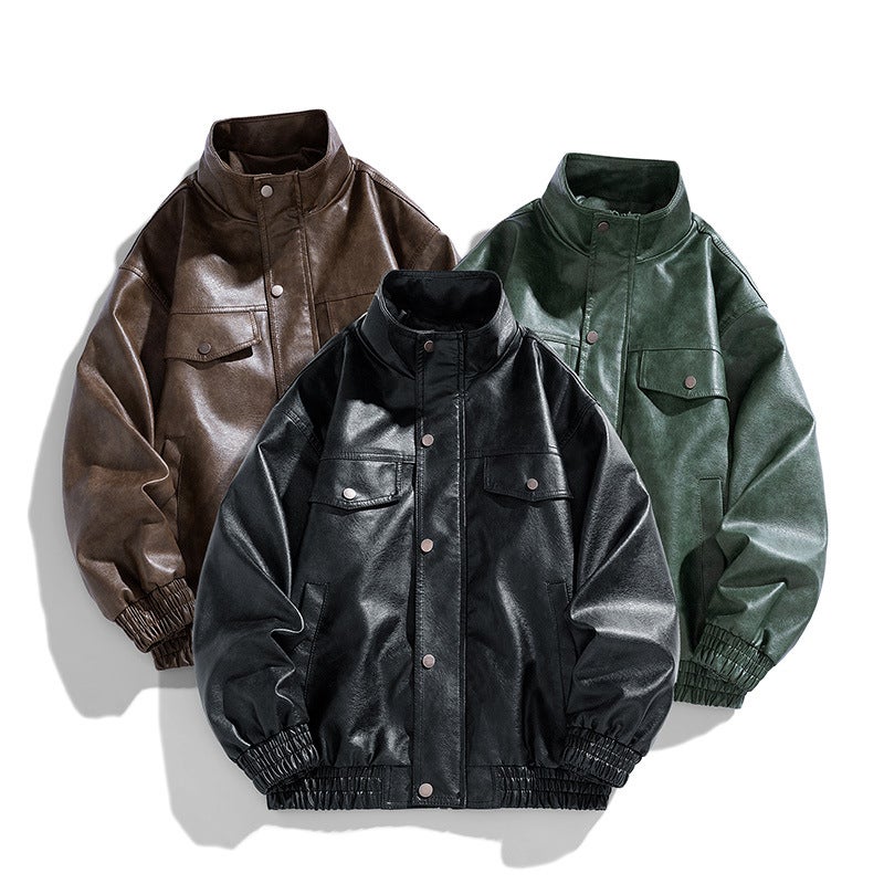Plus Size Fashion Jacket With Collar Leisure New Loose Men'S Leather Motorcycle Jacket For Men - Image 2