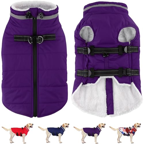 Dogcheer Dog Coat with Harness Waterproof Dog Jacket Adjustable Pet Winter Coat with Zipper Christmas Puppy Snow Jacket Fleece Sweater for Small Medium Large Dogs Purple XS - Image 1