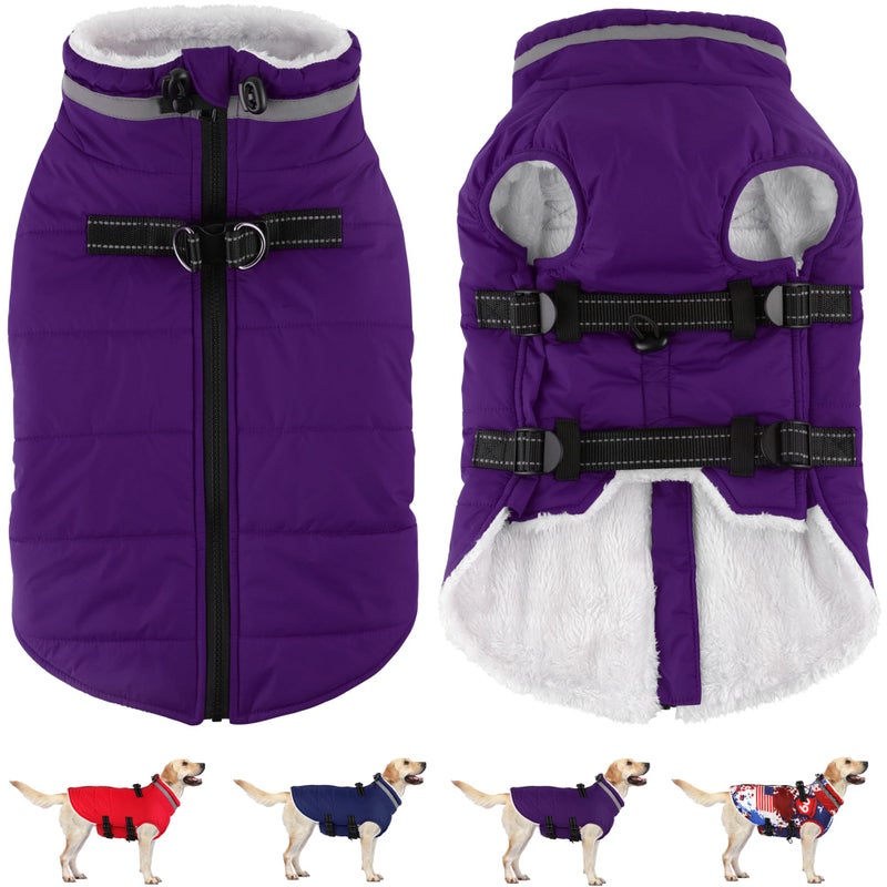 Dogcheer Dog Coat with Harness Waterproof Dog Jacket Adjustable Pet Winter Coat with Zipper Christmas Puppy Snow Jacket Fleece Sweater for Small Medium Large Dogs Purple XS - Image 2