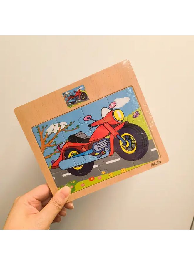 12 قطعة من لوح الألغاز الخشبي بأشكال الحيوانات ووسائل النقل بما في ذلك الدراجة النارية - Image 1