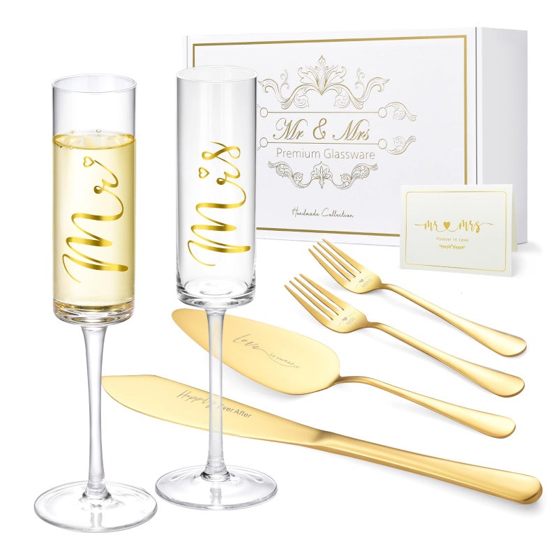 ROXBURGH Wedding Cake Knife and Server Set, Bride and Groom Mr and Mrs Champagne Flutes & Forks with Giftable Box, Cake Cutting Set for Wedding Engagement Bridal Shower Gifts - Image 1