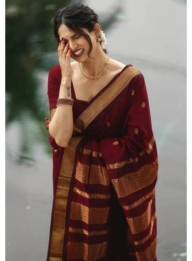 YASHIKA ساري ياشيك النسائي من قماش قطن حريري بناراسي كانجيفارام مع قطعة قماش غير مخيطة للبلوزة - Image 4