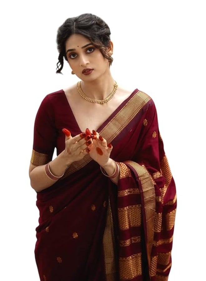 YASHIKA ساري ياشيك النسائي من قماش قطن حريري بناراسي كانجيفارام مع قطعة قماش غير مخيطة للبلوزة - Image 1