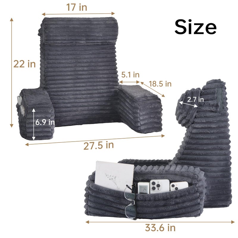 ENITYA 22" XL Back Pillow for Bed Sitting Up, Reading Pillow with Armrests & Big Pockets, Soft Back Support Chair, Ideal for Watching TV, Gaming, Nursing, Resting, Post Surgery, Dark Grey - Image 2