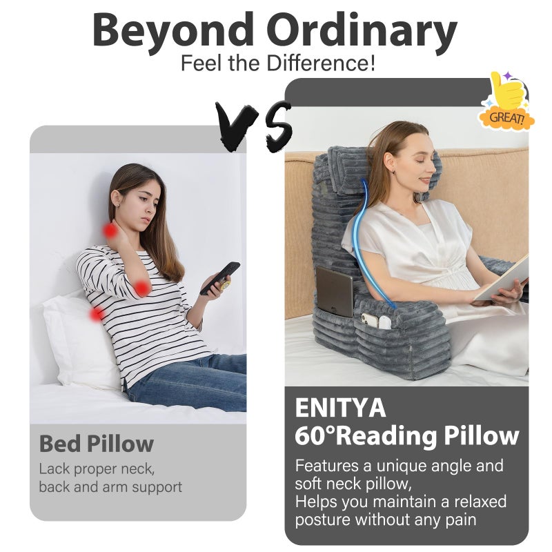 ENITYA 22" XL Back Pillow for Bed Sitting Up, Reading Pillow with Armrests & Big Pockets, Soft Back Support Chair, Ideal for Watching TV, Gaming, Nursing, Resting, Post Surgery, Dark Grey - Image 3