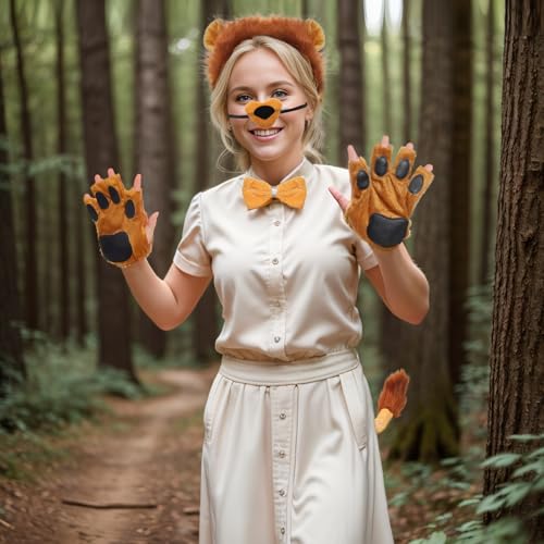 Gvhntk 6Pcs Lion Costume Lion Ears Headband and Tail Set Nose Bowtie Gloves Halloween Cosplay Accessories Party Supplies for Adults - Image 5