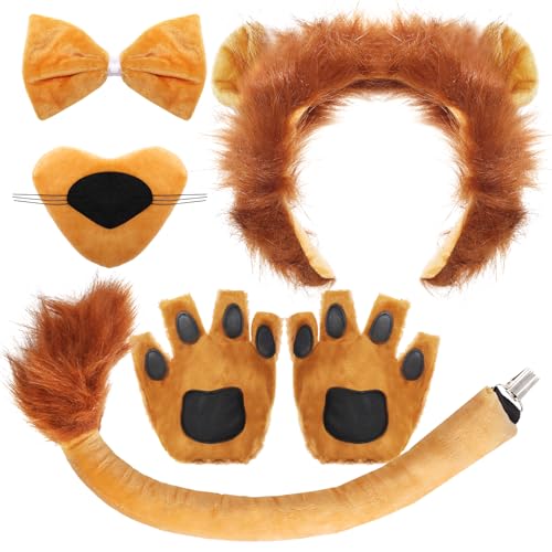 Gvhntk 6Pcs Lion Costume Lion Ears Headband and Tail Set Nose Bowtie Gloves Halloween Cosplay Accessories Party Supplies for Adults - Image 1