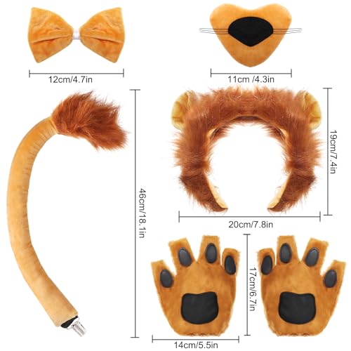Gvhntk 6Pcs Lion Costume Lion Ears Headband and Tail Set Nose Bowtie Gloves Halloween Cosplay Accessories Party Supplies for Adults - Image 2