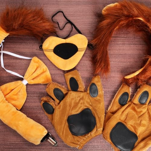 Gvhntk 6Pcs Lion Costume Lion Ears Headband and Tail Set Nose Bowtie Gloves Halloween Cosplay Accessories Party Supplies for Adults - Image 3