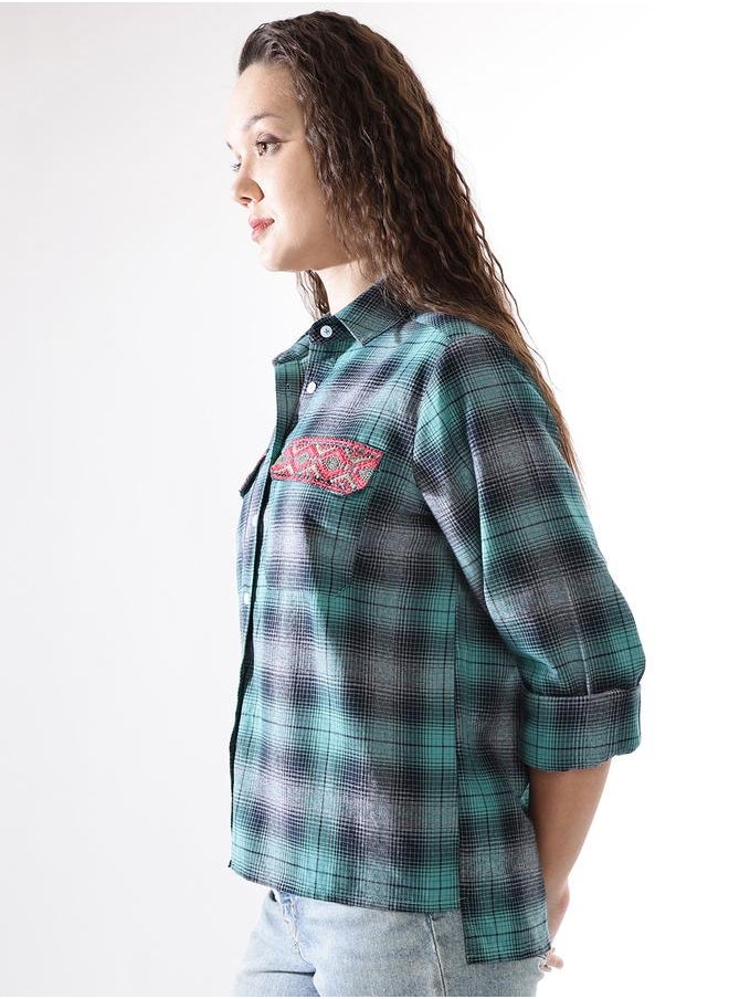 HIGH STAR WomenOversized Fit Checked Embroidered Casual Shirt  - Image 3