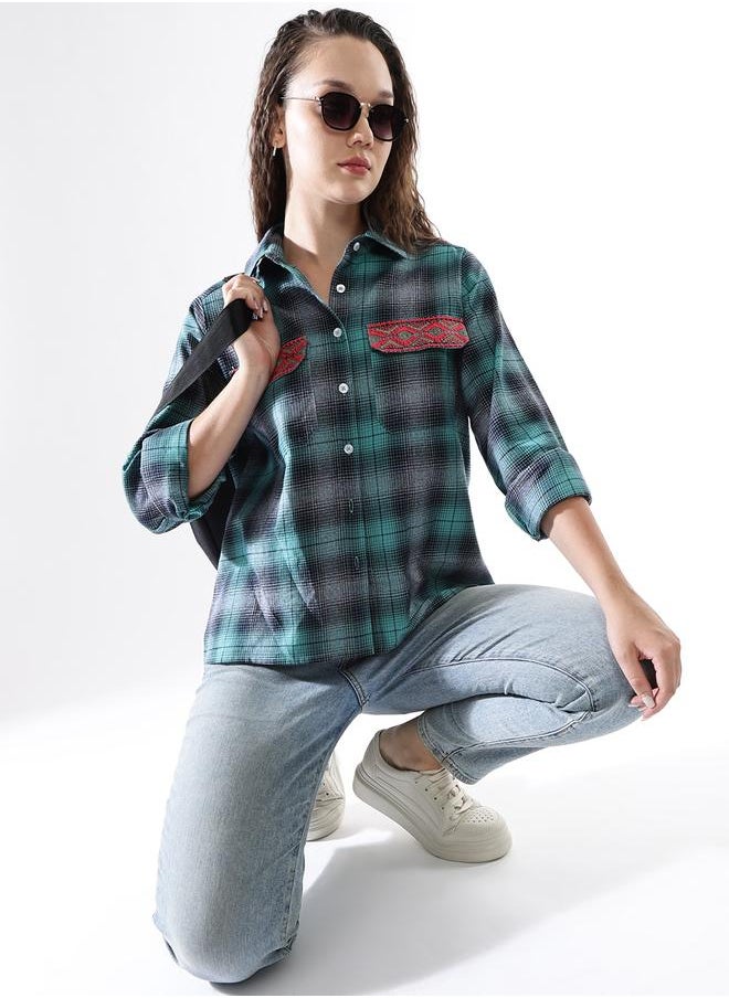 HIGH STAR WomenOversized Fit Checked Embroidered Casual Shirt  - Image 2
