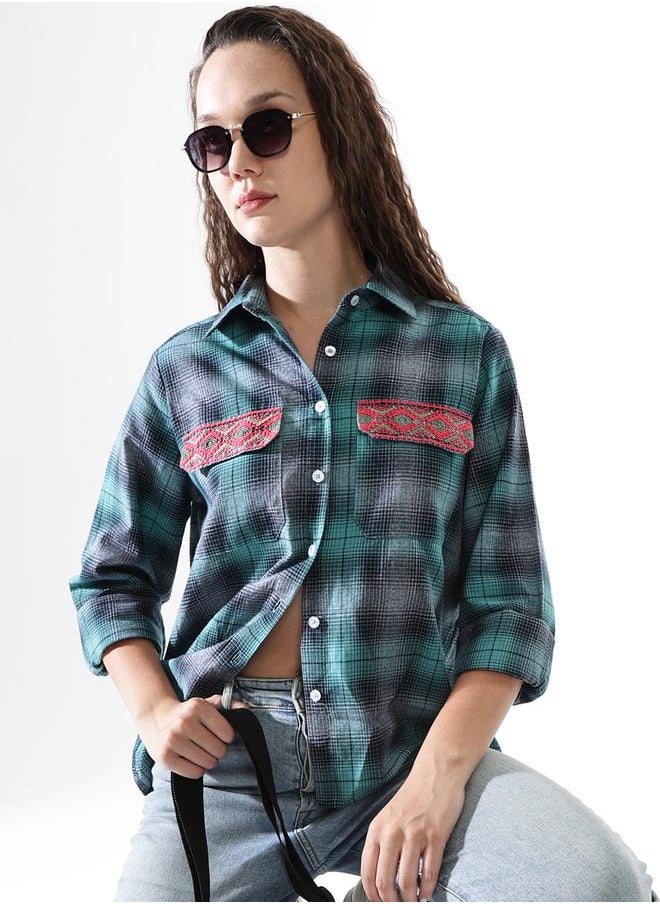 HIGH STAR WomenOversized Fit Checked Embroidered Casual Shirt  - Image 1