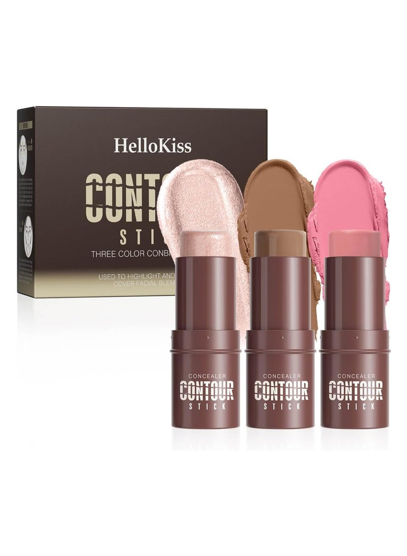 HelloKiss 3Set Contouring Stick Set: Blush Bronzer Highlighter Trio for Natural Makeup, Long-Lasting & Travel-Friendly | Ideal for Middle Eastern Climate (Set-A, Standard) - Image 1