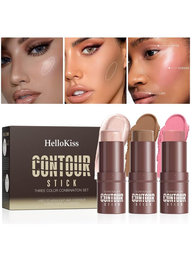 HelloKiss 3Set Contouring Stick Set: Blush Bronzer Highlighter Trio for Natural Makeup, Long-Lasting & Travel-Friendly | Ideal for Middle Eastern Climate (Set-A, Standard) - Image 3