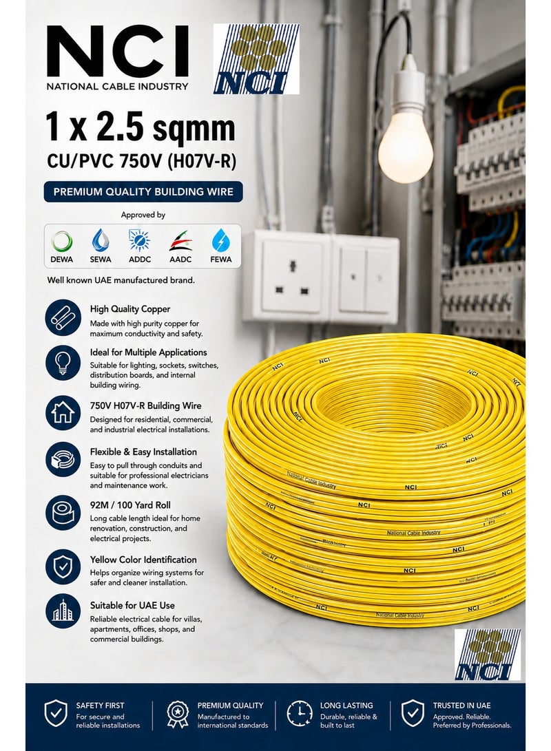 NCI سلك كهربائي NCI مقاس 2.5 مم × 1 كور، كابل نحاس مفرد معزول PVC بجهد 750 فولت (H07V-R) بطول 92 متر (100 ياردة) – أصفر – الإمارات - Image 2