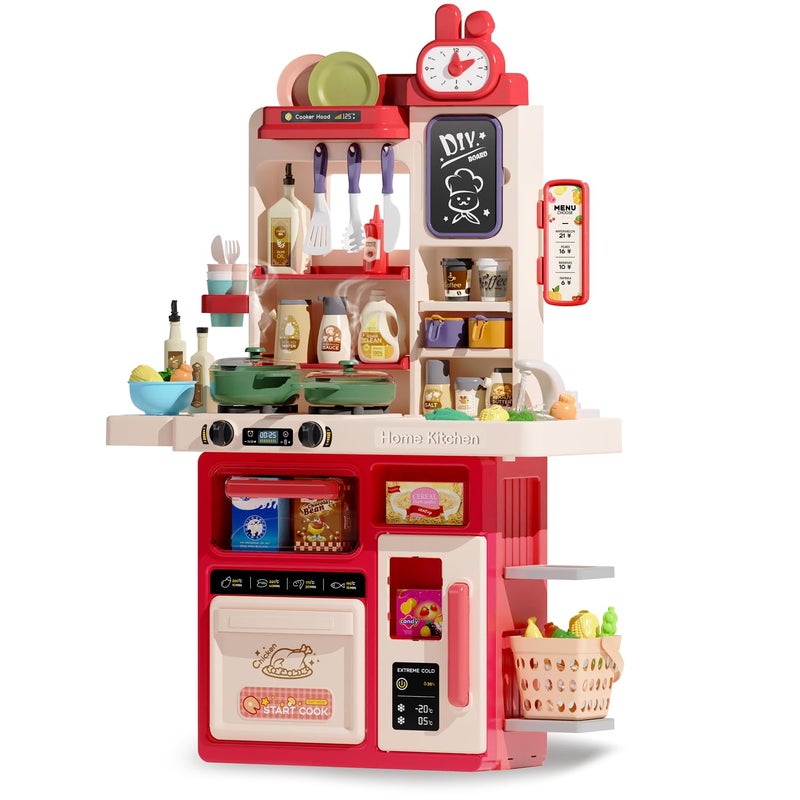 Hitish Kids Kitchen Playset Set 63PCS Pretend Play Kitchen Toys for Toddlers Cooking Stove with Steam Sound Light Play Sink with Manual Faucet Play Food Accessories Gift for Girls 33H Red - Image 3