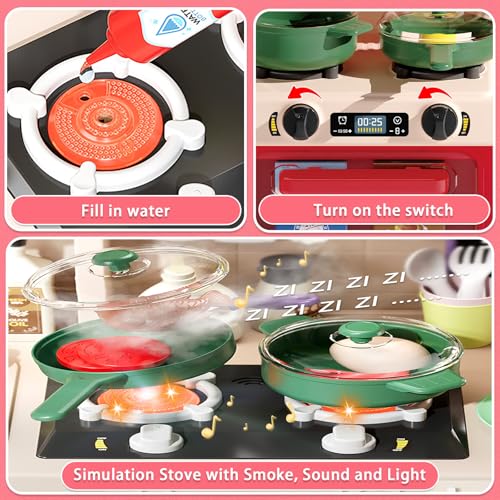 Hitish Kids Kitchen Playset Set 63PCS Pretend Play Kitchen Toys for Toddlers Cooking Stove with Steam Sound Light Play Sink with Manual Faucet Play Food Accessories Gift for Girls 33H Red - Image 5