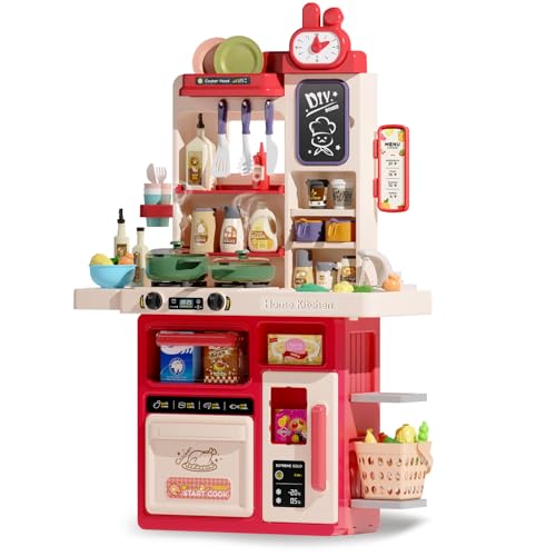 Hitish Kids Kitchen Playset Set 63PCS Pretend Play Kitchen Toys for Toddlers Cooking Stove with Steam Sound Light Play Sink with Manual Faucet Play Food Accessories Gift for Girls 33H Red - Image 1