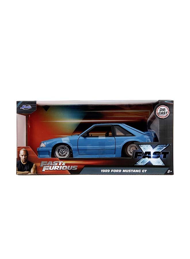 Jada Fast & Furious 1989 Ford Mustang GT 1:24 Scale Die-Cast Model Car, Fast X Official Movie Vehicle, Opening Doors, Hood & Trunk, Blue with Black Hood Stripes - Image 1