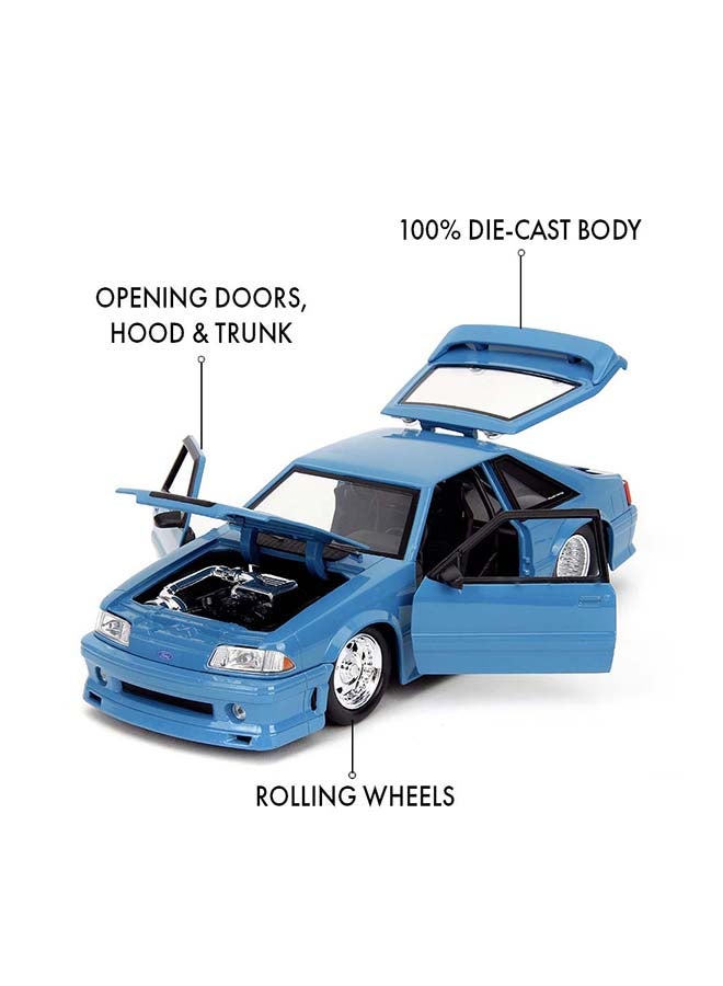 Jada Fast & Furious 1989 Ford Mustang GT 1:24 Scale Die-Cast Model Car, Fast X Official Movie Vehicle, Opening Doors, Hood & Trunk, Blue with Black Hood Stripes - Image 2