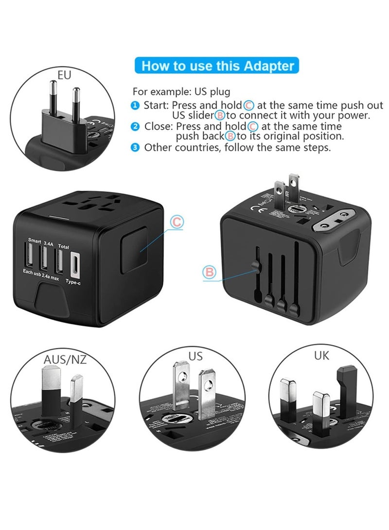 Excefore Universal International Travel Power Adapter W/High Speed 2.4A USB, 3.0A Type-C Wall Charger, European Adapter, Worldwide AC Outlet Plugs Adapters for Europe, UK, US, AU, Asia-Black - Image 3