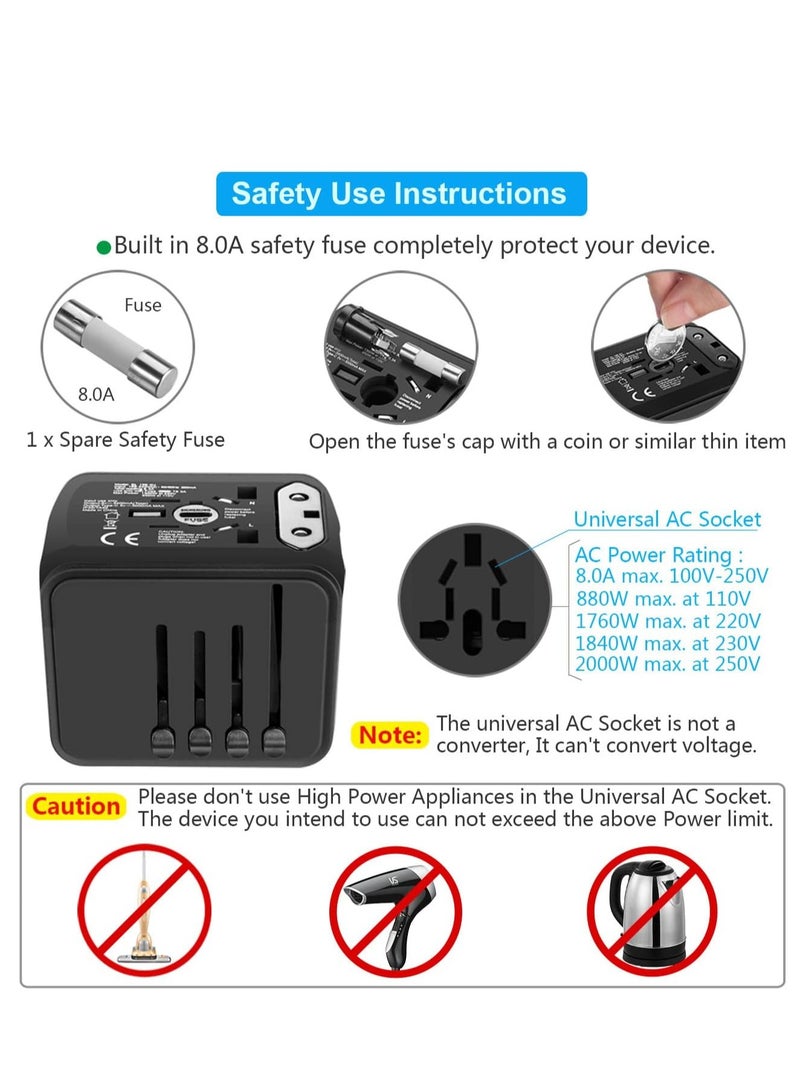 Excefore Universal International Travel Power Adapter W/High Speed 2.4A USB, 3.0A Type-C Wall Charger, European Adapter, Worldwide AC Outlet Plugs Adapters for Europe, UK, US, AU, Asia-Black - Image 5
