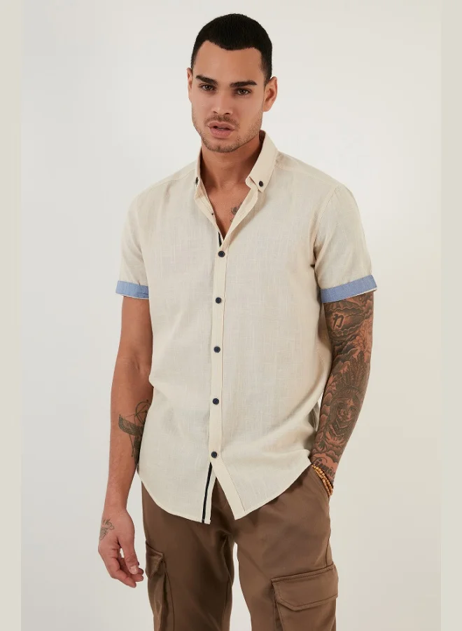 بوراتي قميص رجالي قطن بوراتي بقصة ضيقة وياقة بأزرار وأكمام قصيرة