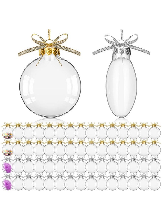 Leitee 60 Clear Fillable Christmas Ornament Ball 3.15 Inch Clear Plastic Ornament for DIY Craft Fillable Ornament Ball with 48 Yard Gold Silver Ribbon Christmas Tree Decor for Xmas Home Wedding - Image 1