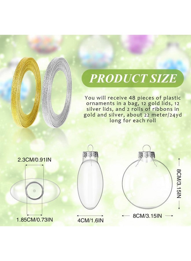 Leitee 60 Clear Fillable Christmas Ornament Ball 3.15 Inch Clear Plastic Ornament for DIY Craft Fillable Ornament Ball with 48 Yard Gold Silver Ribbon Christmas Tree Decor for Xmas Home Wedding - Image 2