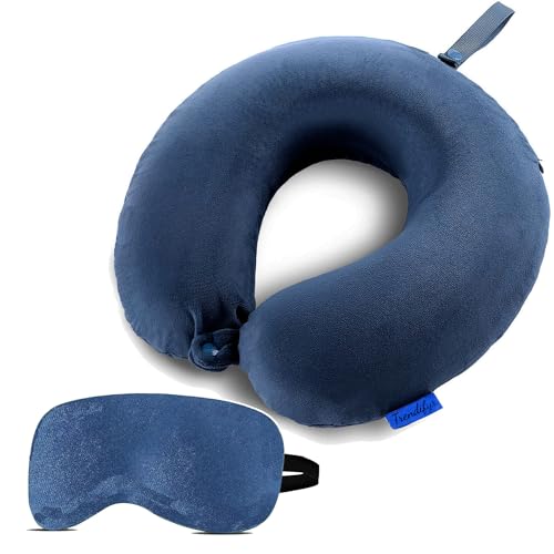 Trendifyr ™ Travel Neck Cushion Pillow With Eye Mask | Super Soft Material With 5 Years Warranty | For Travel & Sleep In Flights, Train, Car (Blue With Eye Mask) - Velvet - Image 1