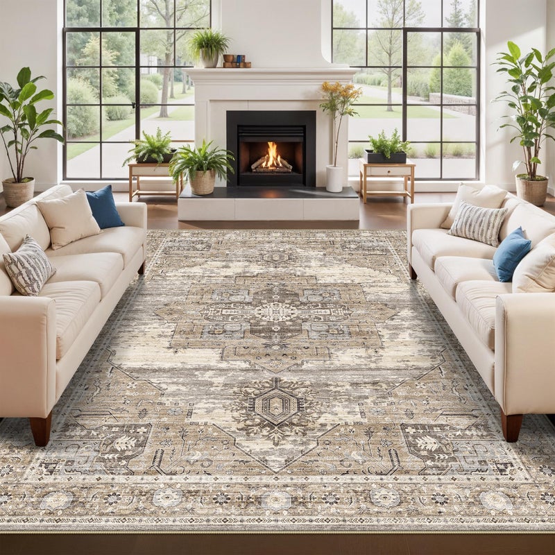 RUUGME 7x10 Rugs for Living Room: Boho Washable Area Rugs with Non Slip Backing Stain Resistant Carpet for Dining Room Bedroom Ultra Thin Soft Decoration Mat for Study Room Office 7x10 Beige - Image 1