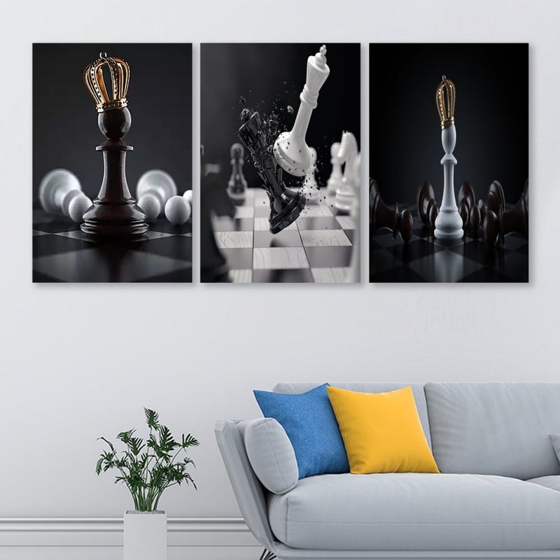Marktna Three modern canvas paintings with a chess game design and a hollow frame, measuring (150×70), three pieces - Image 1
