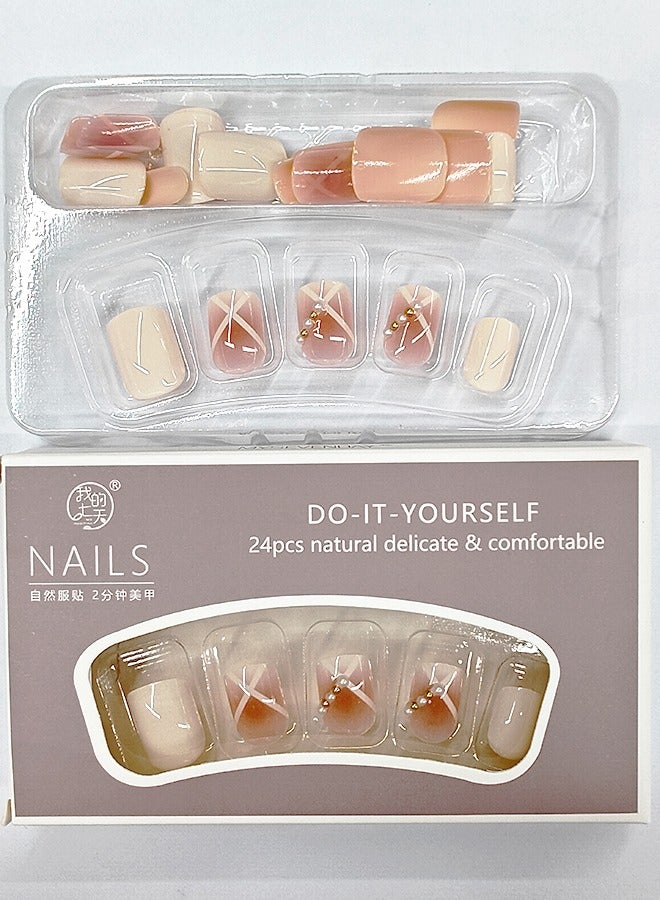 NIBEMINENT 24Pcs Fake Nails, Press Nails In Box,Short-length Flat head shaped Solid Pink White Color Shiny Nail Art,Gold Pearl,Simplicity Fake Nail Patch - Image 3