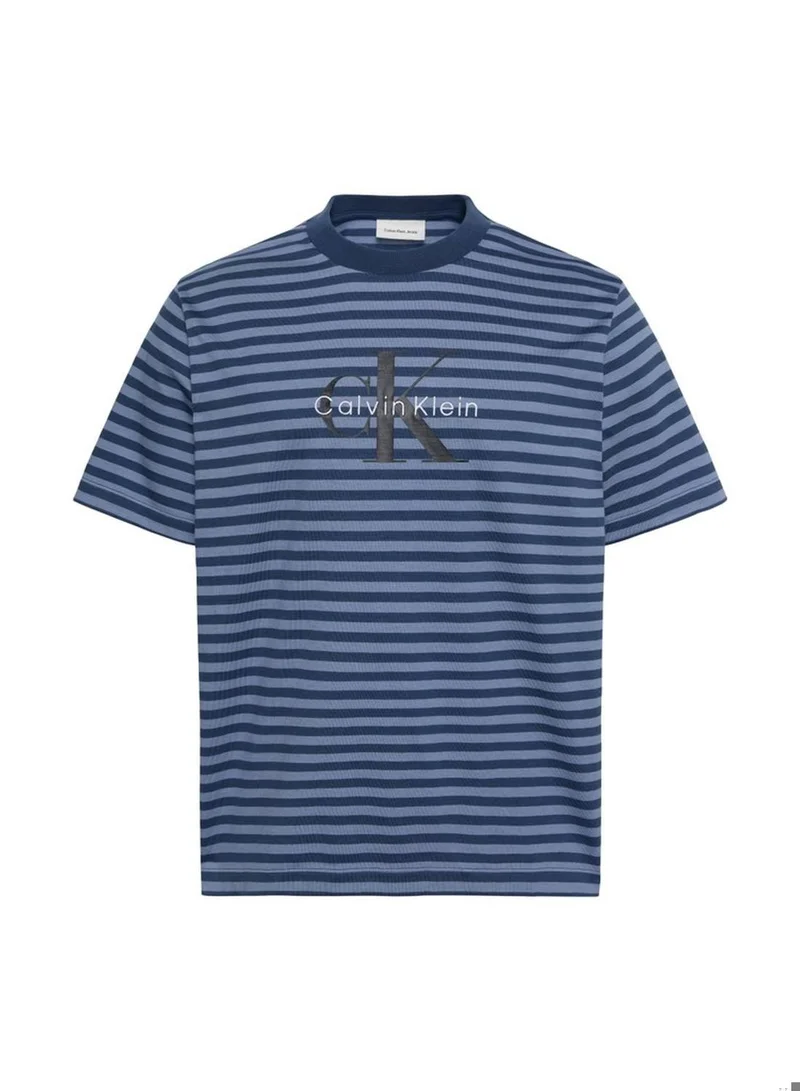 Calvin Klein Jeans Dark Denim Monogram Logo Stripe Relaxed T-Shirt for Men | Best Price UAE