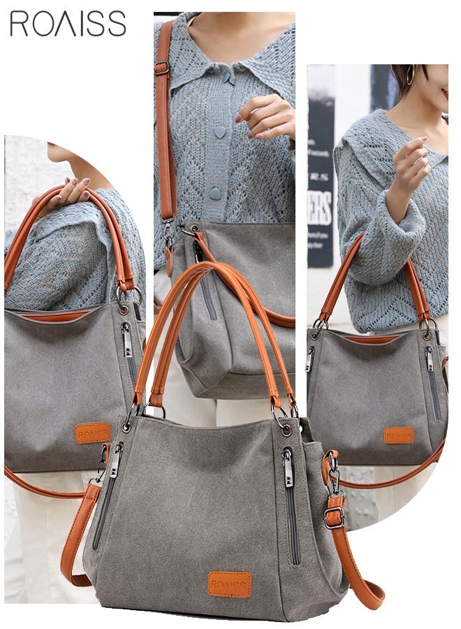 roaiss Grey and Orange Versatile Canvas Shoulder Tote Bag Casual Canvas Handbag Crossbody with Long Strap Multi Pocket for Young Women Teenagers School Shopping Grey Orange  - Image 1