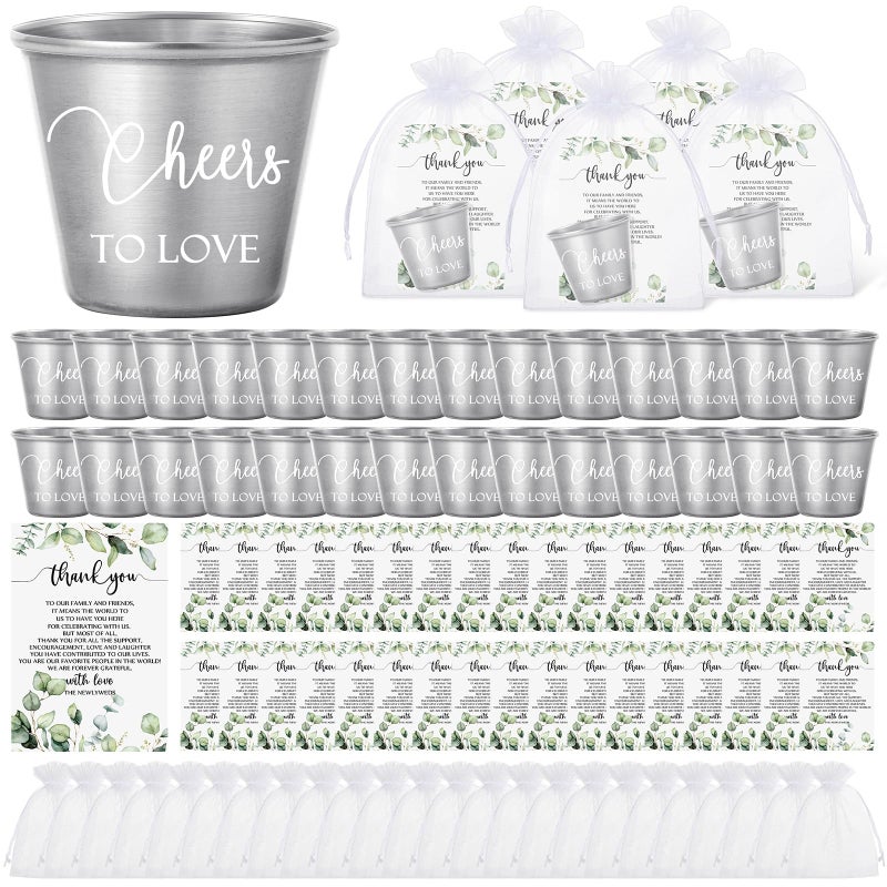 Uiifan 100 Set Wedding Favors for Guests Bulk Shot Glasses Cheers to Love Stainless Steel Shot Glasses with Thank You Cards Organza Bags for Guest Wedding Newlyweds Bridal Shower Gifts Souvenir