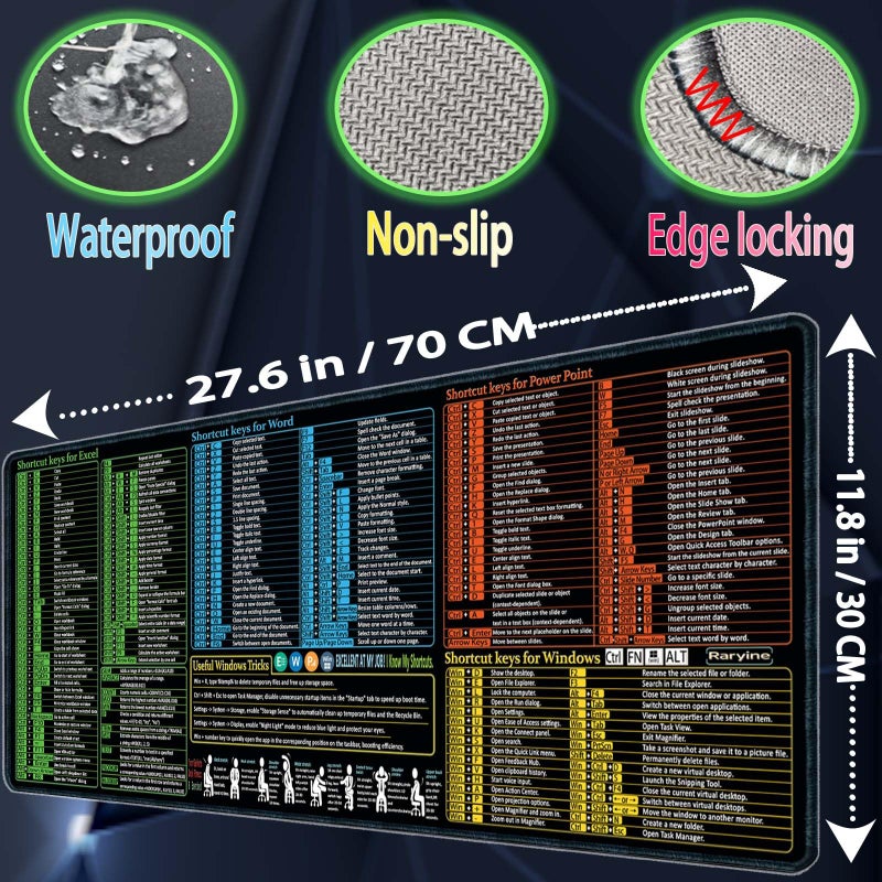 Raryine Excel/Word/Power Point/Windows Mouse pad,Non-Slip&Waterproof Large Gaming Office pc Desk mat,Over 200 Keyboard Shortcuts Mousepad(27.6L x 11.8W inches) - Image 3