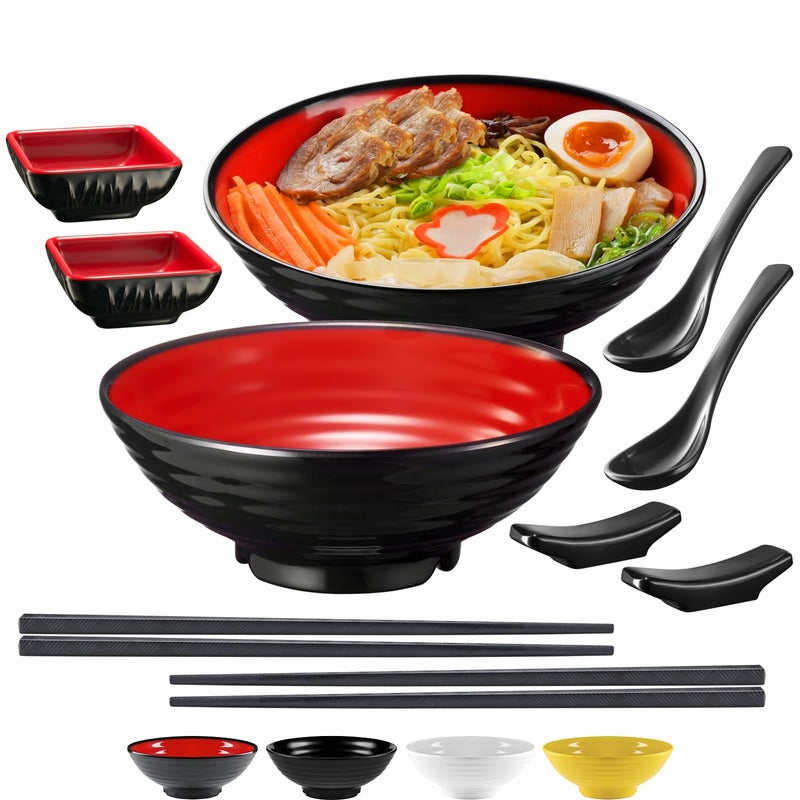 Practimondo Unbreakable Ramen Bowl Set with Chopsticks and Spoon 2 large Japanese Style Melamine Ramen Bowls Dipping Bowls and Chopstick Stands for Asian Pho Soup Thai Miso Udon Wonton 2 Bowl Set RedBlack